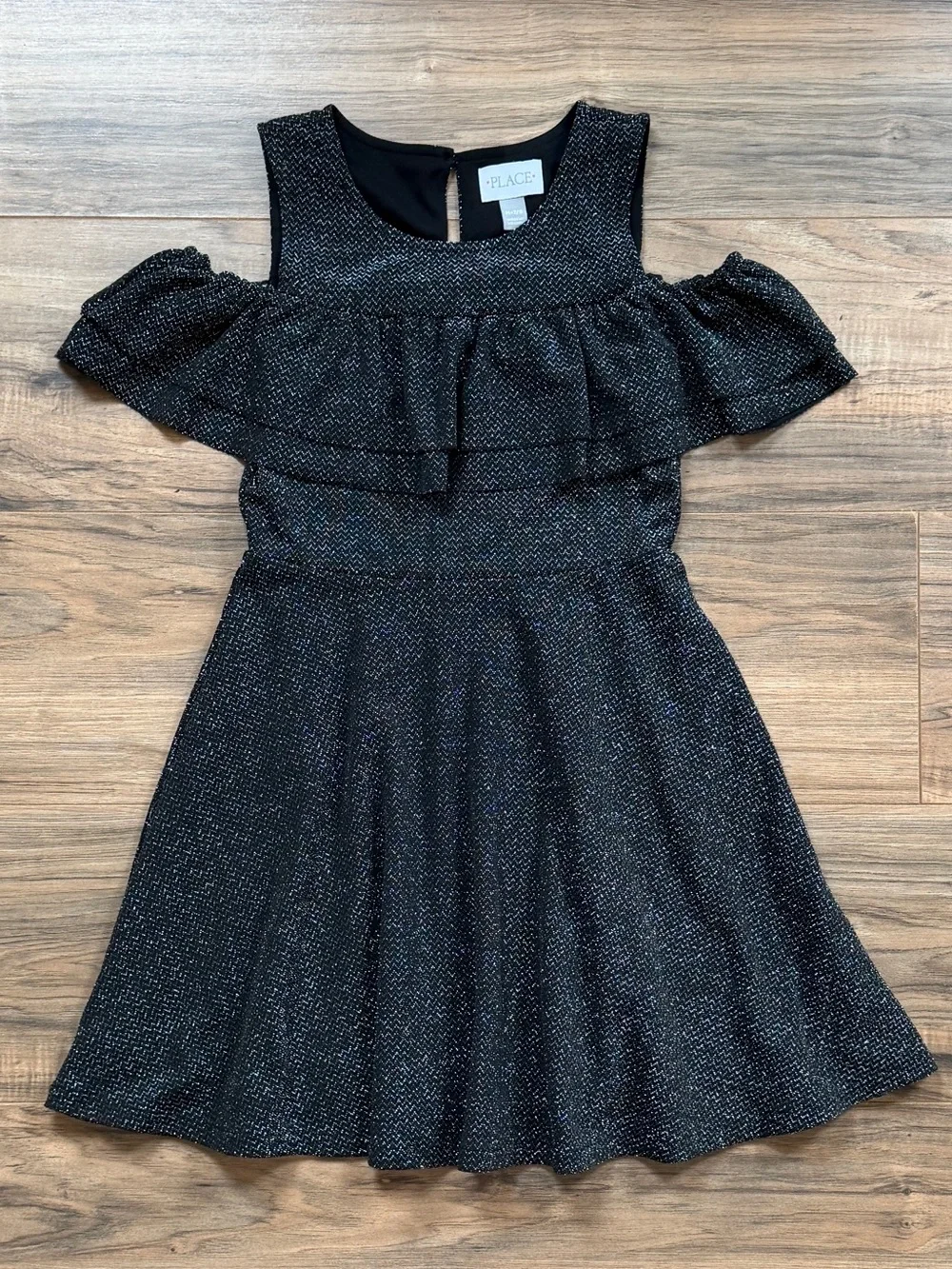 The Children's Place Black Glitter Cold-Shoulder Ruffle Dress M(7/8)